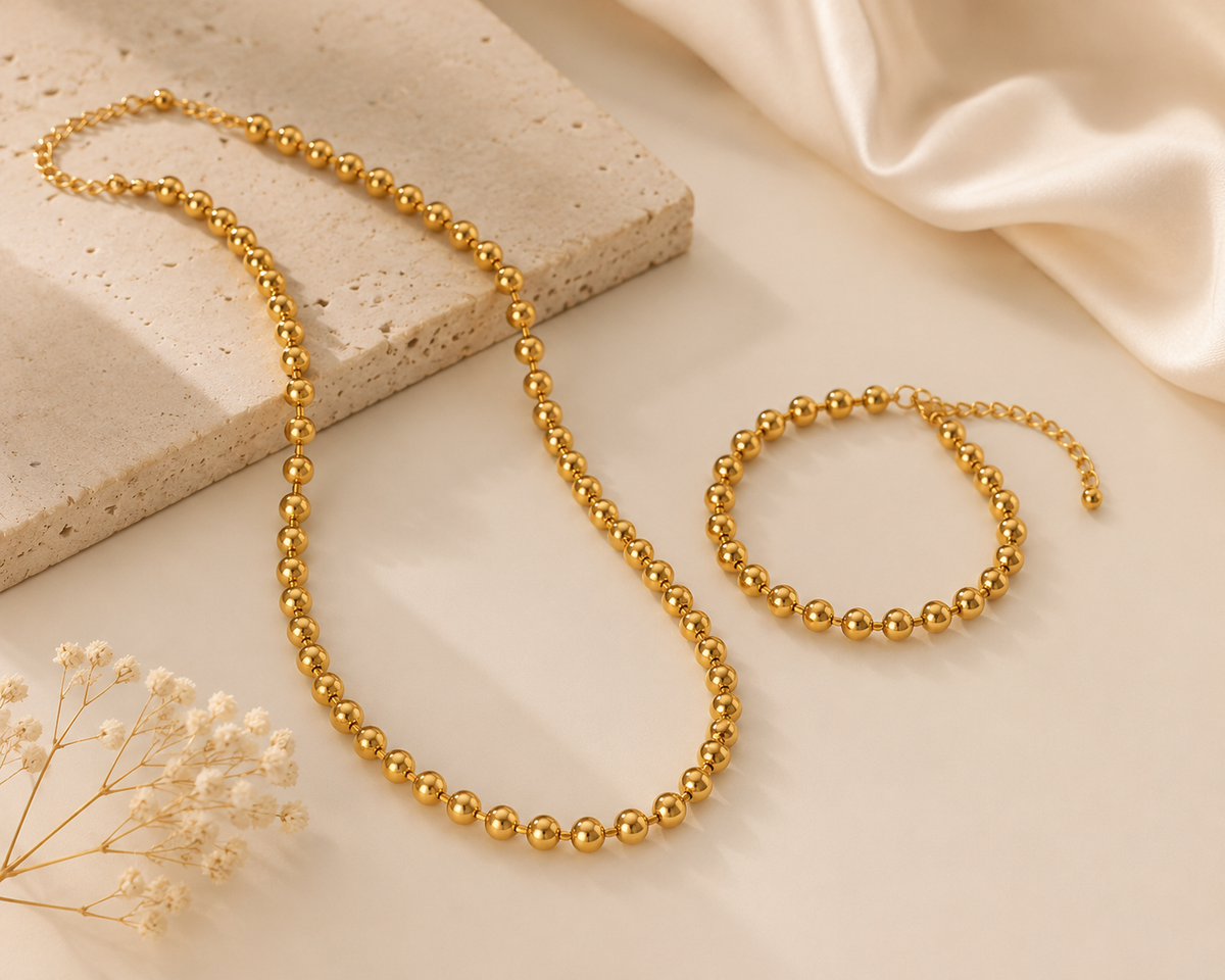 The Aurelia Bead Set – 18K Gold-Plated Necklace & Bracelet