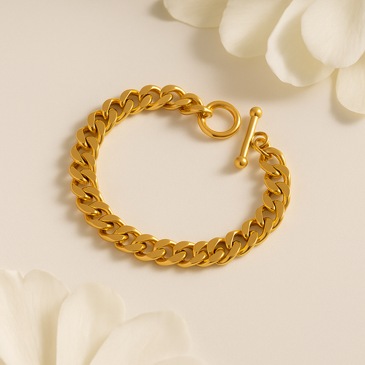 18K Gold-Plated Cuban Link Bracelet with Toggle Clasp – Stainless Steel