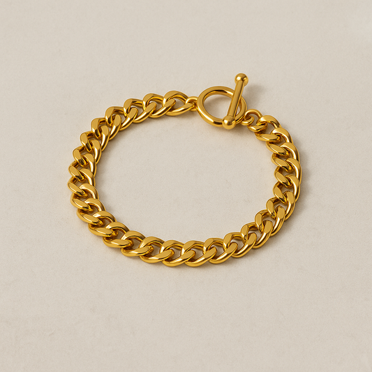 18K Gold-Plated Cuban Link Bracelet with Toggle Clasp – Stainless Steel