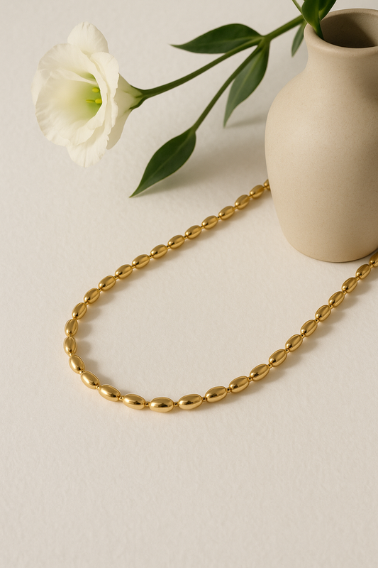 18K Gold PVD Oval Bead Link Chain Necklace – Stainless Steel