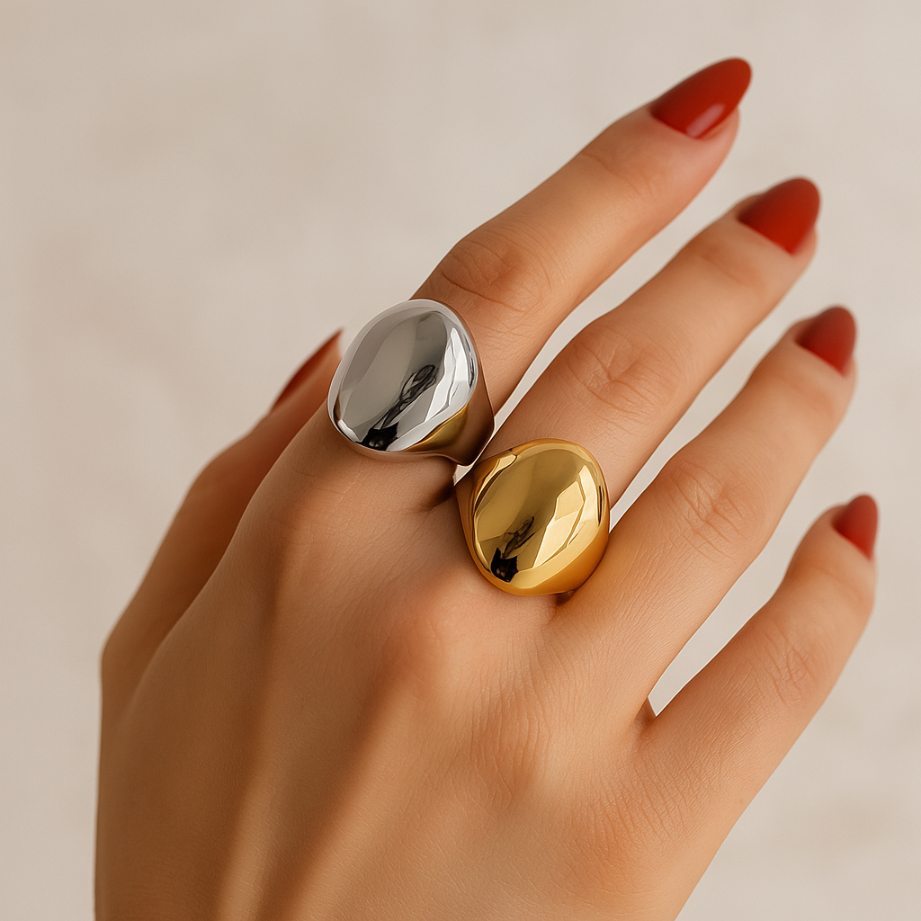 Bold Glossy Dome Ring – Chunky Gold & Silver Statement