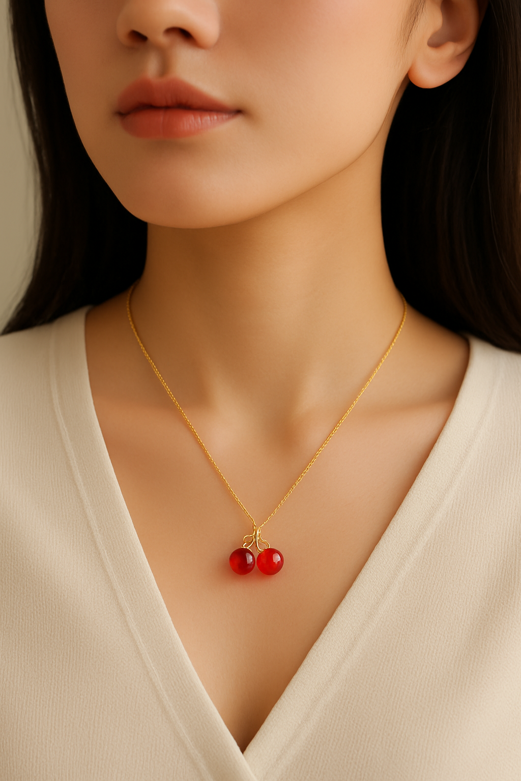 Cherry Gold Pendant Necklace – Wine Red Crystal Beads