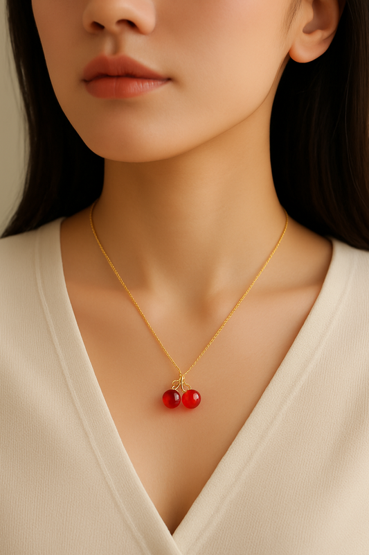 Cherry Gold Pendant Necklace – Wine Red Crystal Beads